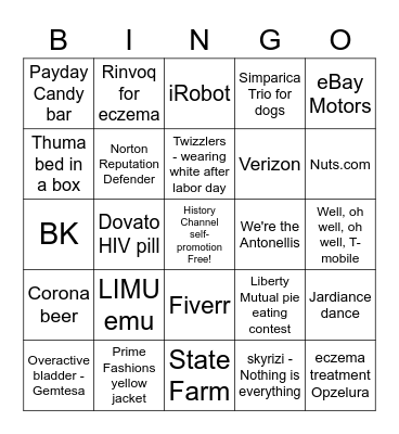 COOI Commercials Bingo Card