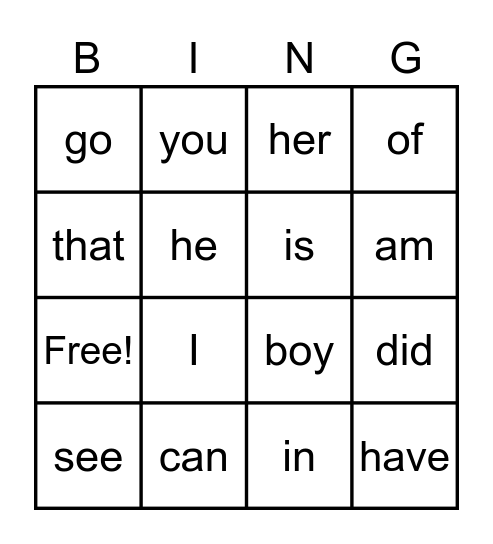 Sight Words Bingo Card