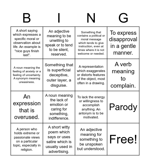 Vocab 16 Bingo Card