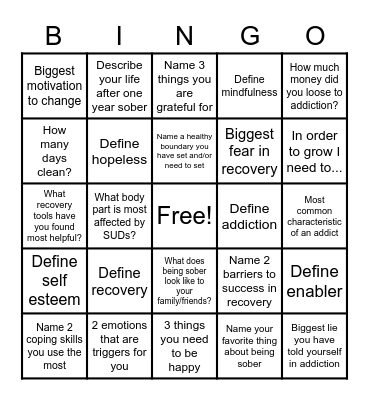 Recovery Bingo Card