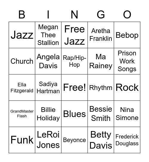 African American Music Bingo Card