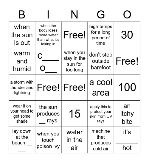 SUMMER WEATHER AND SAFETY Bingo Card