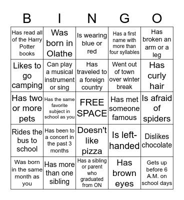 GETTING TO KNOW YOUR NEW CLASSMATES                                        Bingo Card