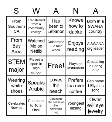 SWANA Spring Celebration 2023 | Human Bingo Card