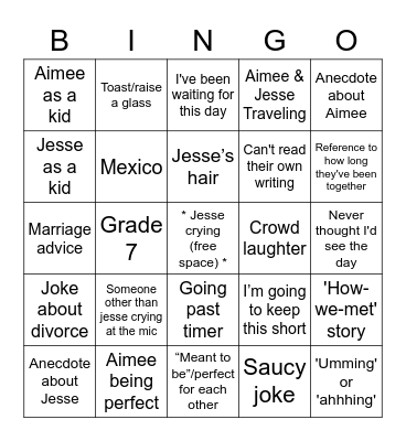 WEDDING SPEECH BINGO Card