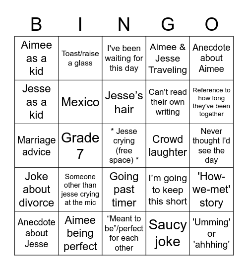 WEDDING SPEECH BINGO Card