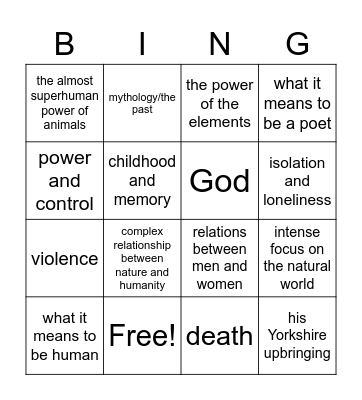 Ted Hughes Themes Bingo Card