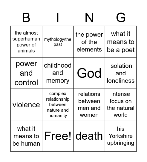 Ted Hughes Themes Bingo Card