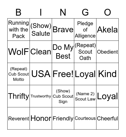 Cub Scout Bingo Card