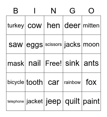 Spelling Words Bingo Card