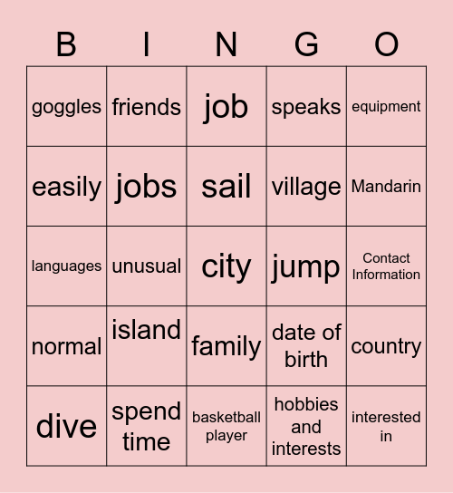 Unit 1 Vocabulary Bingo Card