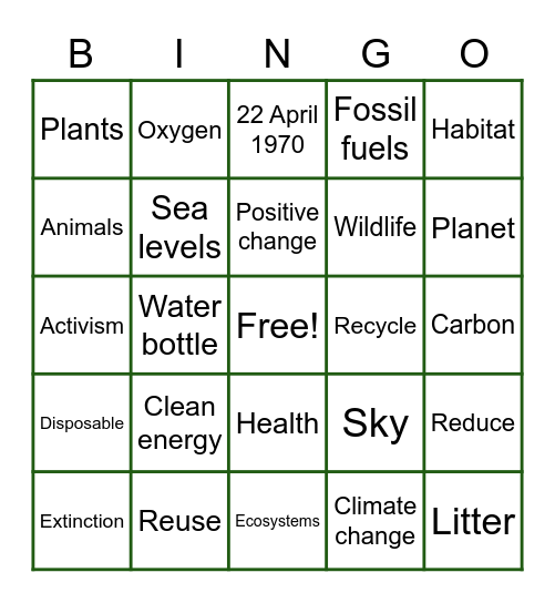 Earth Day Bingo Card