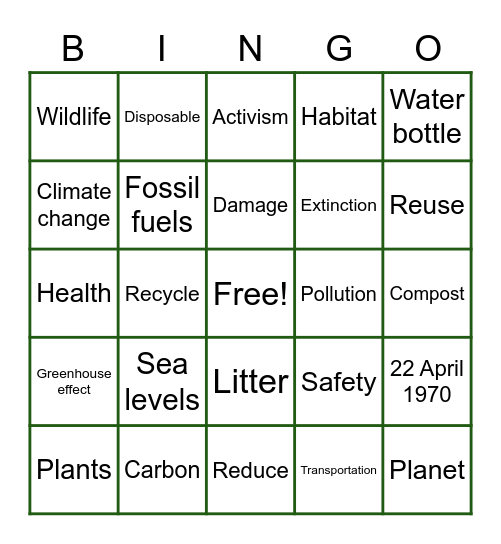 Earth Day Bingo Card