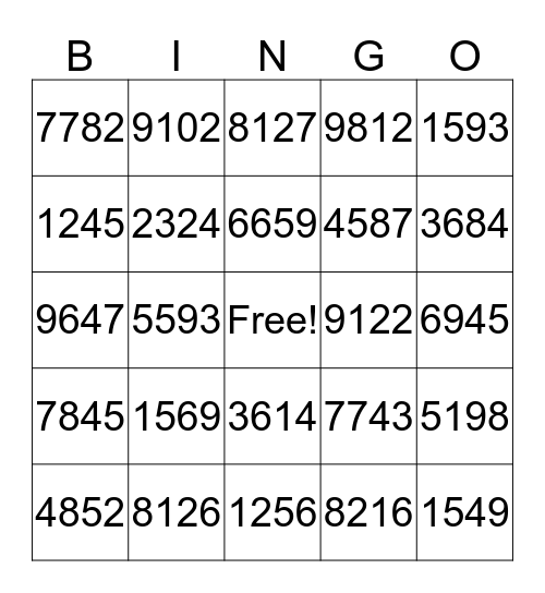 NUMBER SEQUENCE BINGO Card