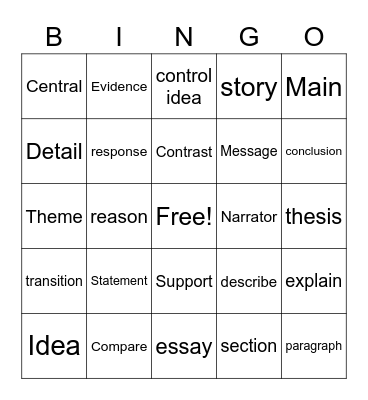 Test Vocabulary Bingo Card