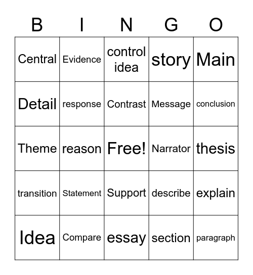 Test Vocabulary Bingo Card