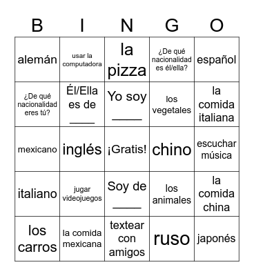 Nacionalidades y Actividades Bingo Card