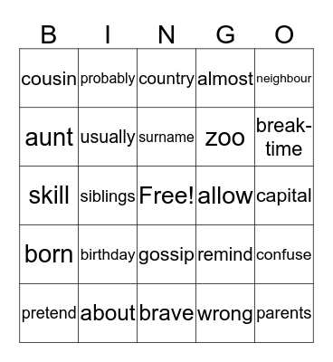 HV1 Theme 1 words bingo Card