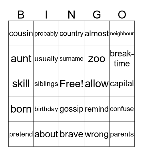 HV1 Theme 1 words bingo Card