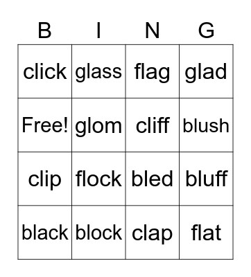 Bl, Cl, Fl, Gl Bingo Card
