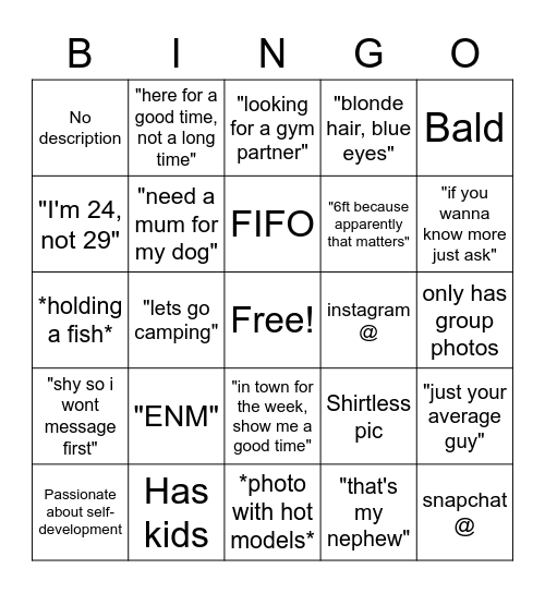 Tinder Over 25+ Bingo Card