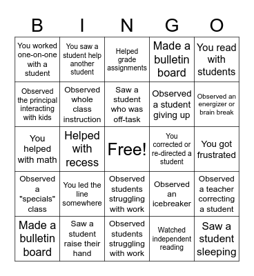 Observation Bingo Card