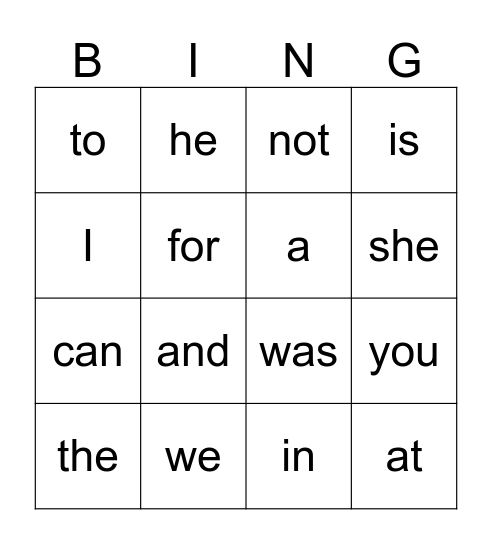 Sight Word Bingo Card