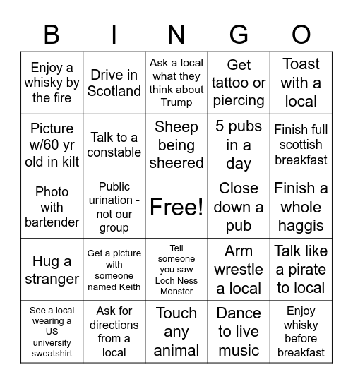 Scotland Bingo Card