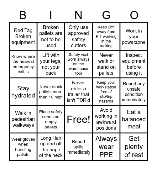 SAFETY Bingo Card