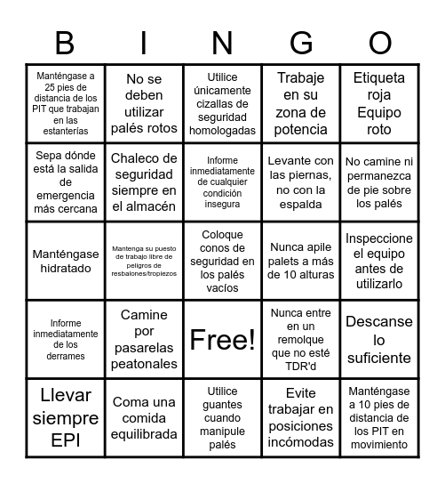 SAFETY Bingo Card