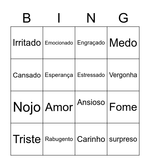 Bingo das Emoções e Sentimentos Bingo Card