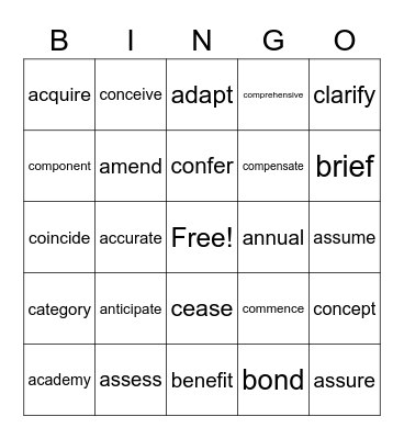 Tier 2 Synonyms - A-C Bingo Card