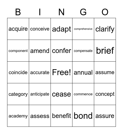 Tier 2 Synonyms - A-C Bingo Card