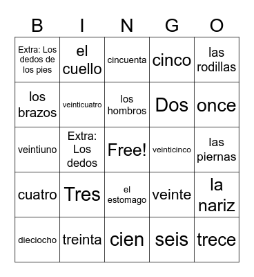 numeros y partes del cuerpo Bingo Card