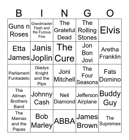 Rock and Roll Bingo Card