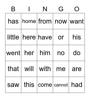 Star Words Bingo Card