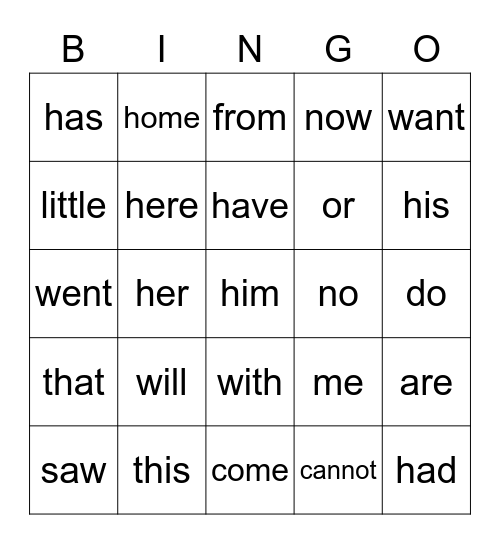 Star Words Bingo Card