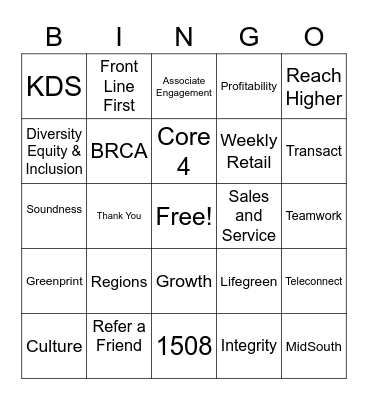 Regions Front Line First Bingo Card