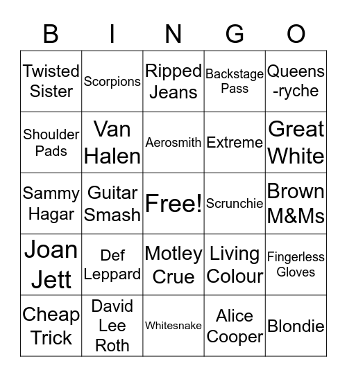 80's Hair Band Bingo Card