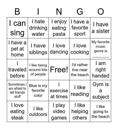 Things we have in common Bingo Card