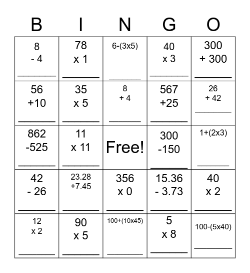 MATH BINGO Card