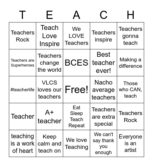 Teacher Appreciation Bingo Card