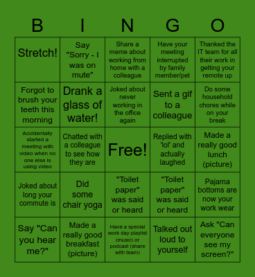 Remote Work Bingo Card