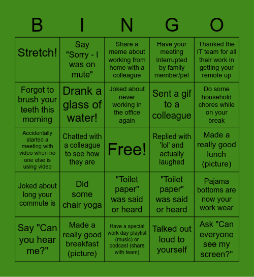 Remote Work Bingo Card