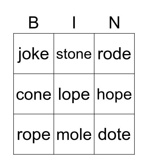 O_E words Bingo Card