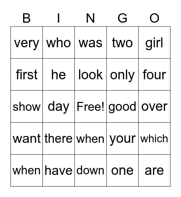 Sight Word Bingo Card