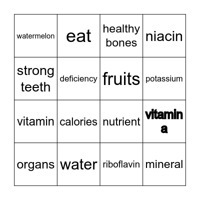 Vitamins and Minerals Bingo Card