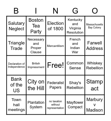 Colonization Bingo Card