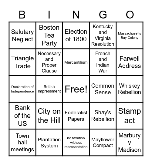 Colonization Bingo Card