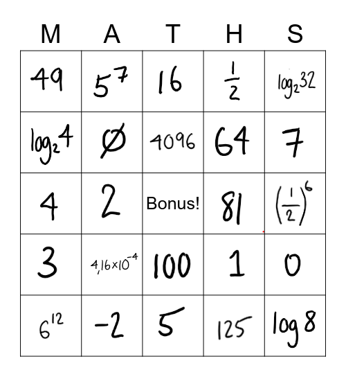 Exp et Log Bingo Card